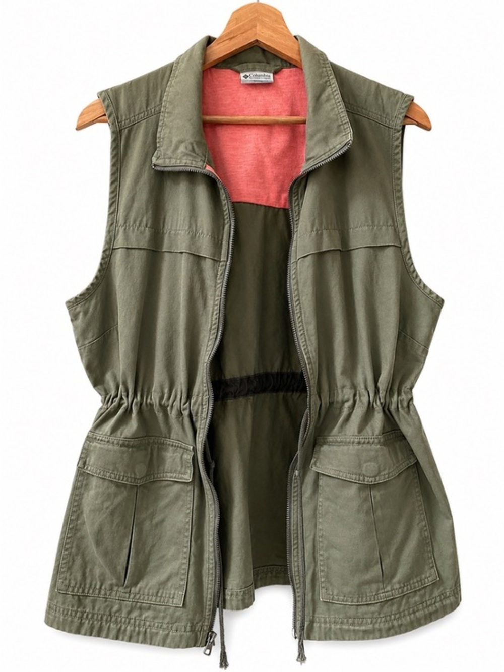 🛶 Columbia Olive Green Utility Safari Vest Cotton Drawstring Pockets Women’s M